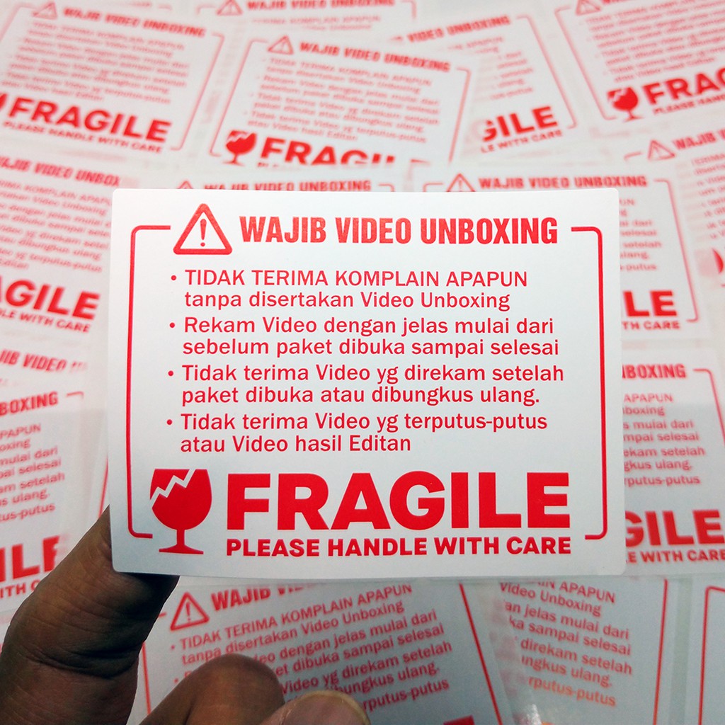 

Sticker Fragile Label Wajib Video Unboxing Stiker Pengiriman OlShop 8 x 6 cm. 1 pack isi 100 pcs