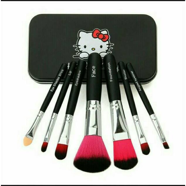 [7 PCS] Brush Set Make Up Kuas Set Hello Kitty Kaleng Hitam dengan Bulu Super Lembut &amp; Aman untuk Kulit Wajah