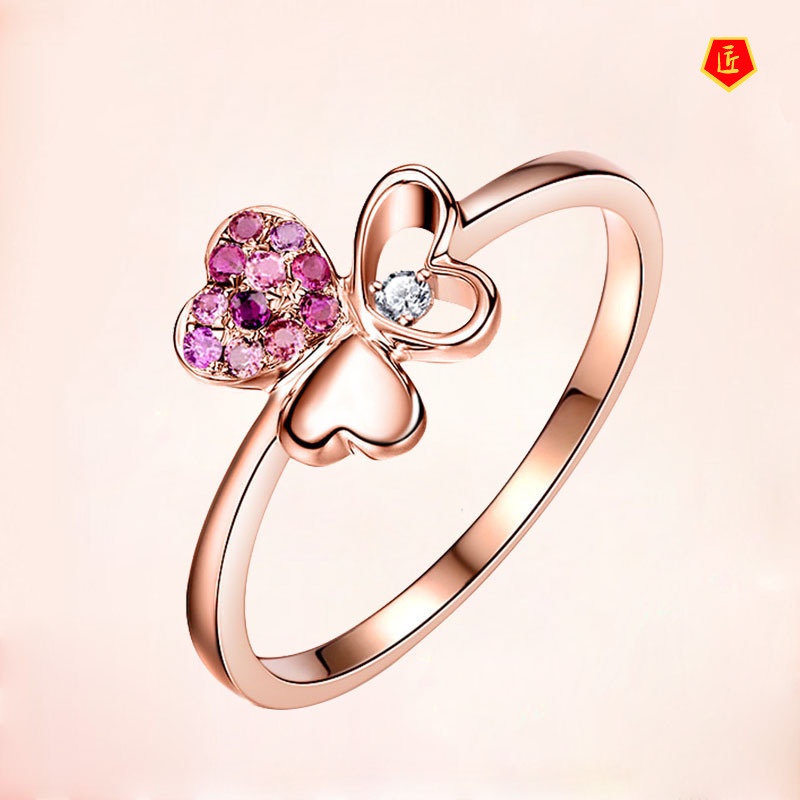 [Ready Stock]Silver Colors Gem Heart Shape Clover Ring