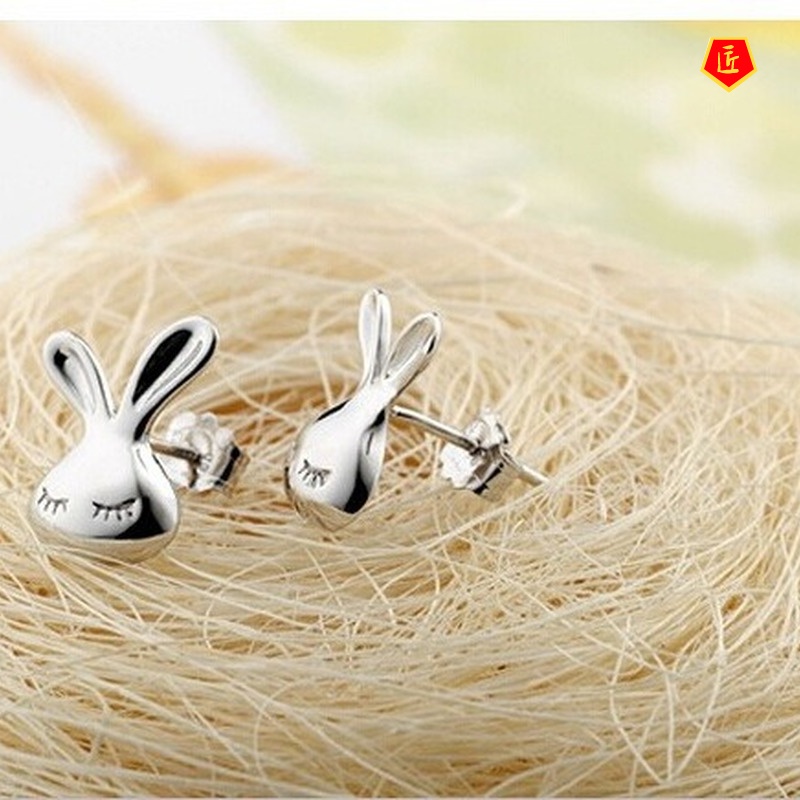 [Ready Stock]New Silver Little White Rabbit Stud Earrings for Women