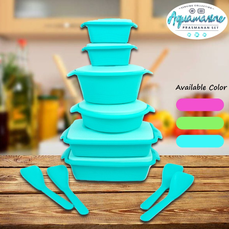 BELLA - AQUAMARINE PRASMANAN SERVING SET | KOTAK PIKNIK 6 SET AQUAMARINE BONUS SENDOK WAJAH SAJI