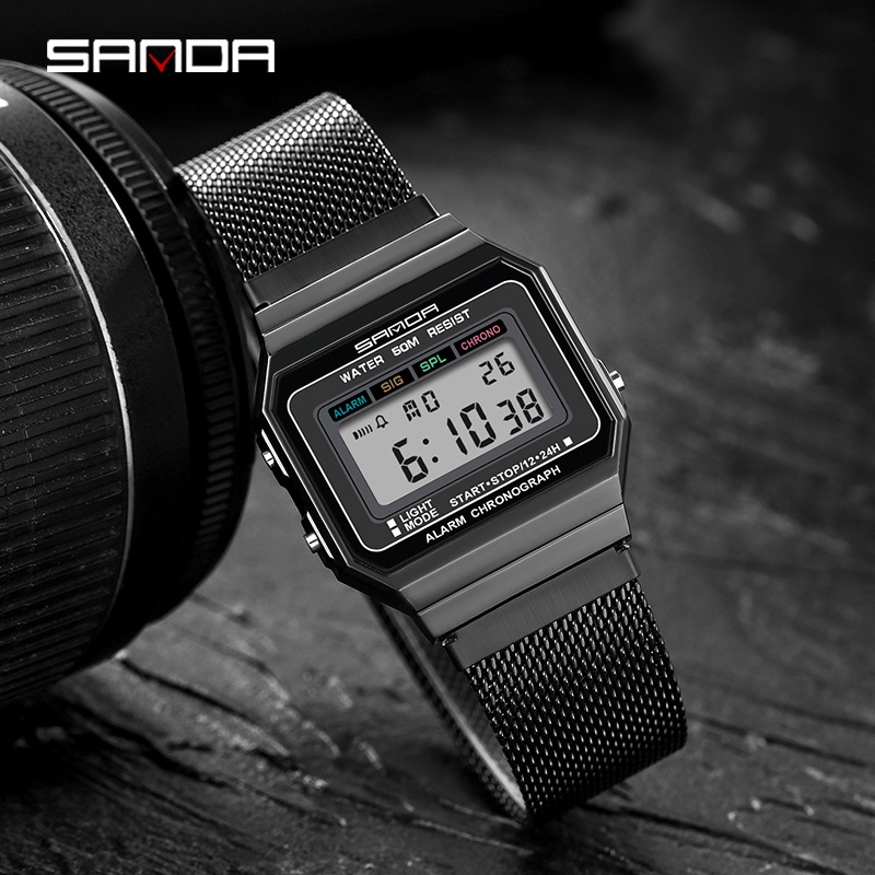 SANDA 6017 Jam Tangan Wanita Digital Sport EL Backlight Tali Stainless Shockproof Anti air WATCHKITE WKOS