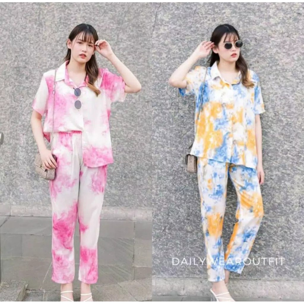 Galaxy Shortsleeve Set - Baju Tidur Tie Dye Set / Daily Set / Piyama Set CP Fit XL (LD 106 CM)