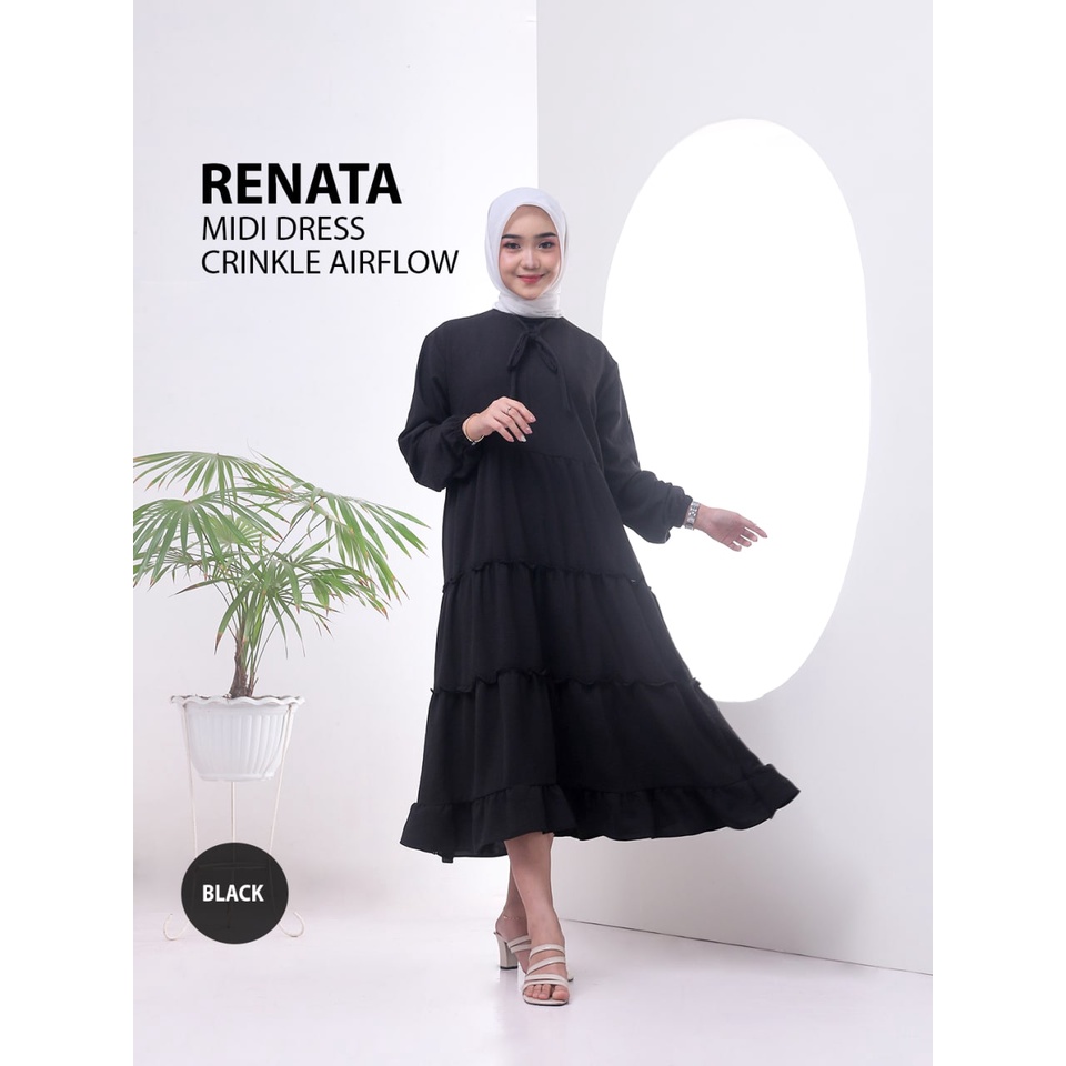 Midi Dress Renata Dress Wanita Crinkle Airflow Premium Baju Wanita Rempel Susun Fashion Wanita Kekinian