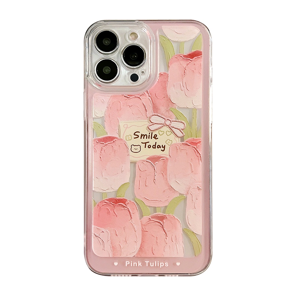 Soft Case TPU Transparan Motif Lukisan Cat Minyak Tulip Pink Untuk Iphone 7 8 PLUS X XR XS 11 12 13 14 Mini PRO MAX SE 2020