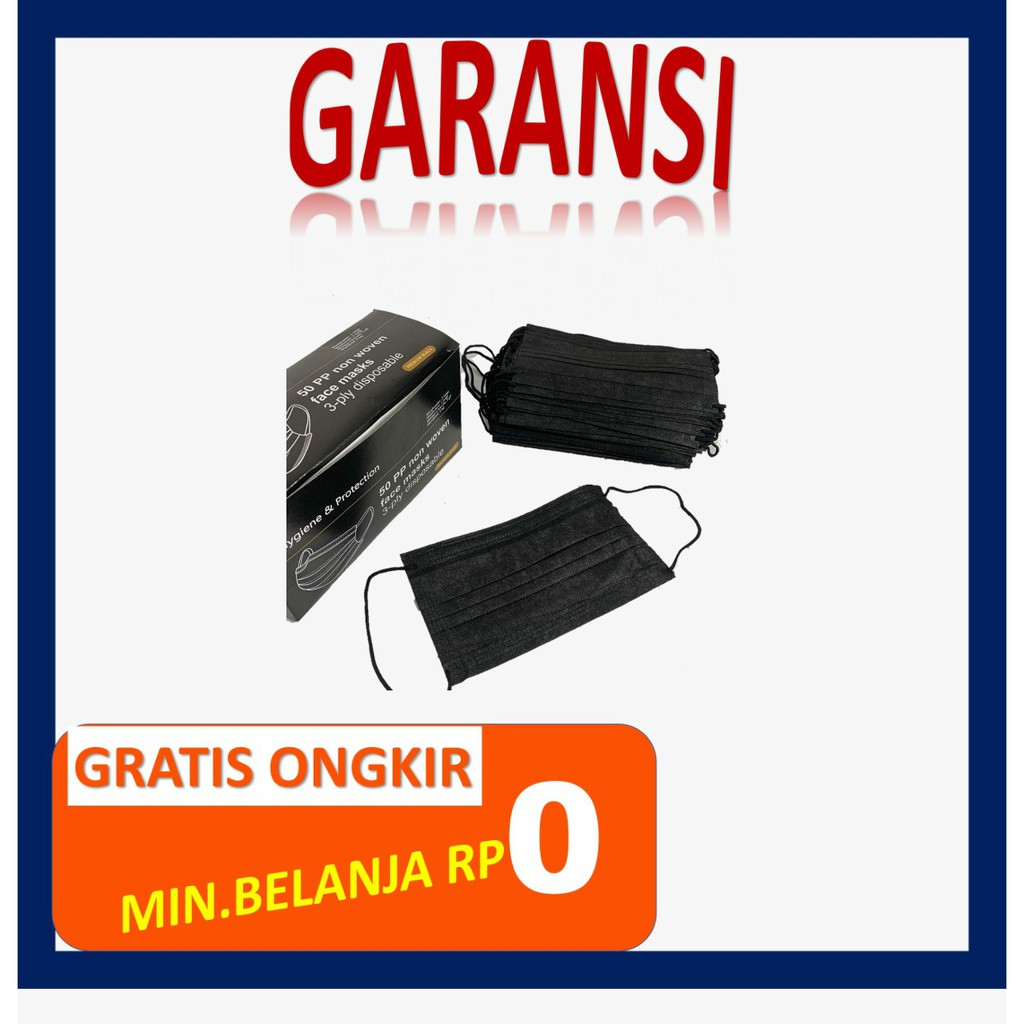 FACE MASK EARLOOP MASKER MEDIS ANTI VIRUS 3 PLY - HITAM 50 PCS
