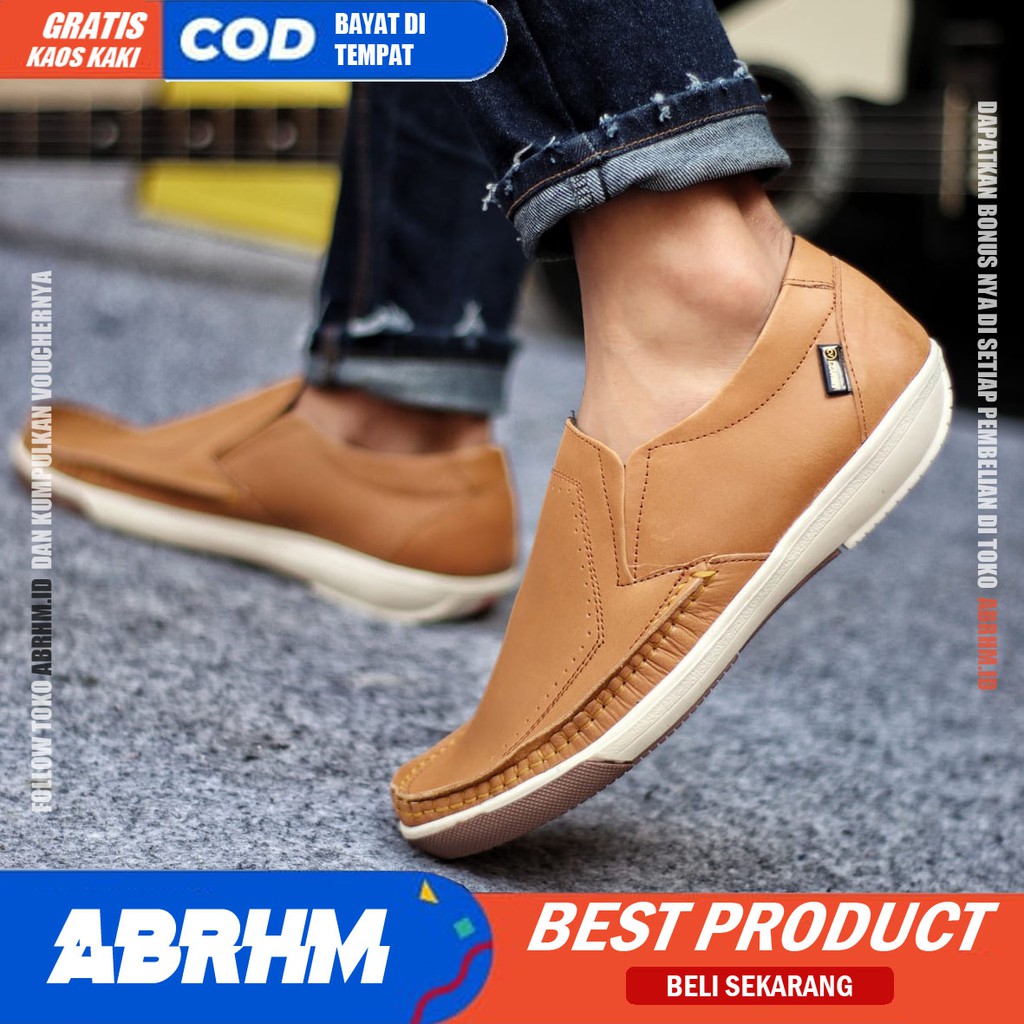 ABRHM X SANDRO Sepatu Casual Slip on Pria Sepatu Slip On Pria Sepatu Pria Casual Kulit Asli Cowok Sepatu Kasual Semi Formal Kerja Kantor Kuliah Anti Slip Gaya Santai Keren Kekinian Original