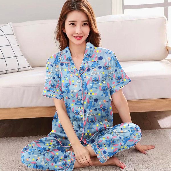 Hokystore99 - Piyama Wanita Dewasa Lengan Pendek Celana Panjang / Baju Tidur Wanita Dewasa (Part.1)-Stitch Biru