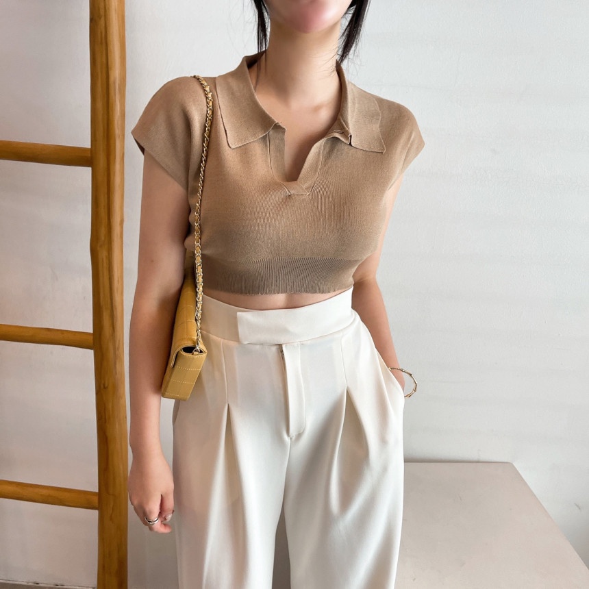 [chaoo.id]Kemeja Rajut Lengan Pendek Wanita Atasan Polo Tee Rajut Atasan V-nack/kaos rajut lengan pendek wanita knit polo T-shirt Crop Top V-nack Atasan/tasan Wanita Crop Top Import Rajut Kaos Wanita Import Premium