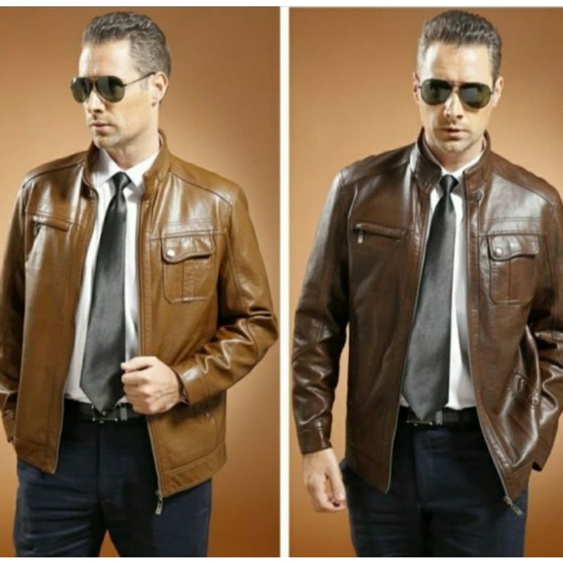 jaket kulit pria asli original domba super coklat tua