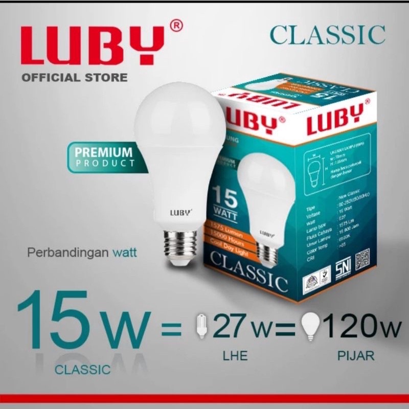 Bisa Cod Bohlam Lampu LED LUBY CLASSIC Cahaya Putih 15 Watt