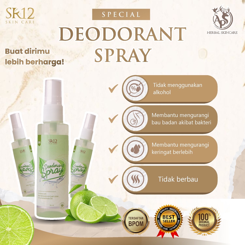 BEST SELLER DEODORANT SPRAY SR12 | DEODORAN TAWAS AMPUH ATASI BAU BADAN | HERBAL HEMPAS BAU KETIAK | MENCERAHKAN KETIAK | DEODORAN SPRAY SR12 60ML BPOM