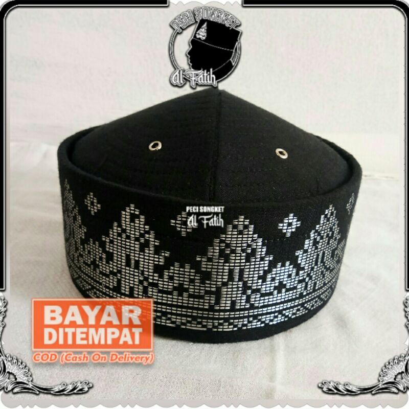 PECI HITAM BULAT SONGKOK TENUN SONGKET PECI MUSLIM MOTIF SILVER