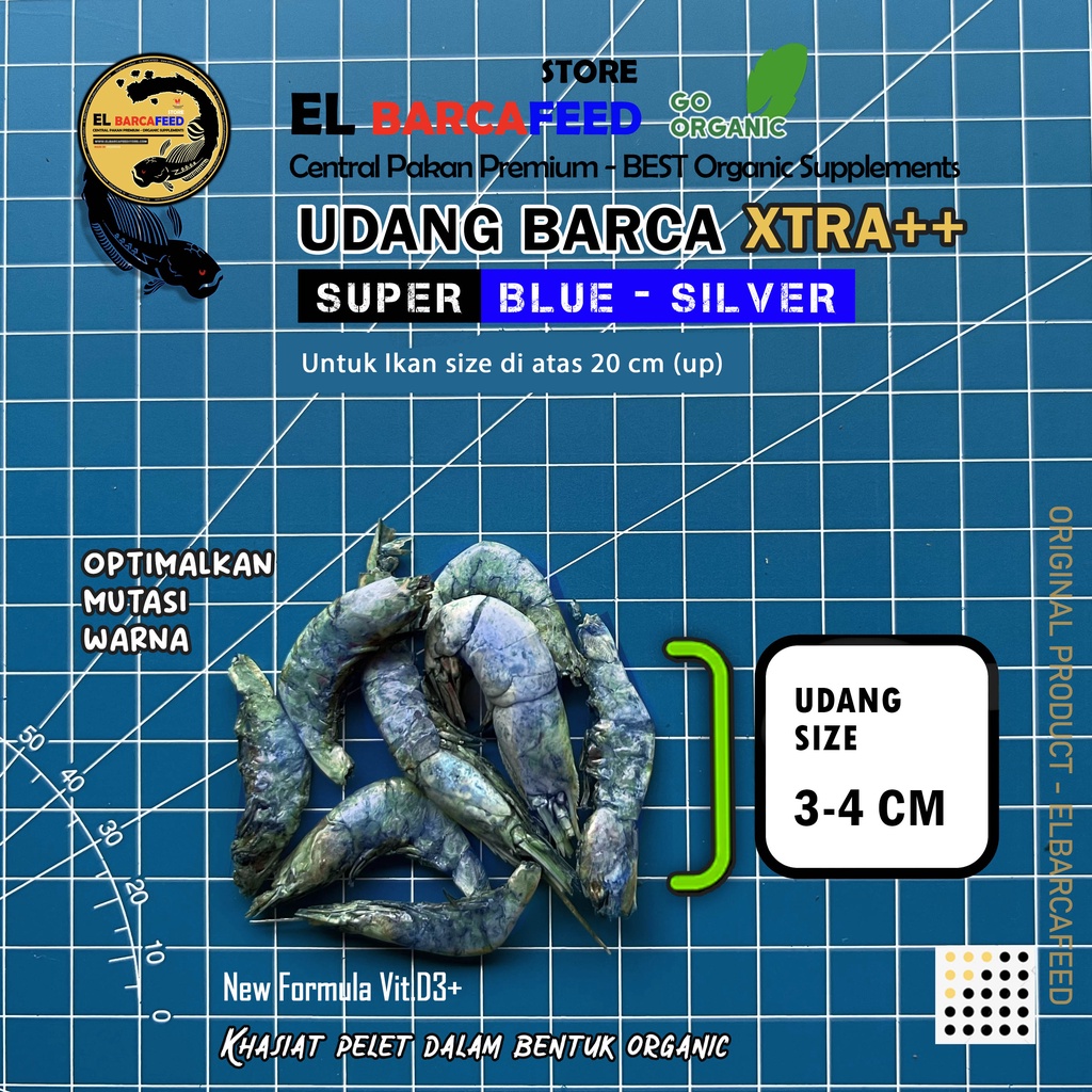 UDANG BARCA Xtra++ [BLUE BOOSTER] UDANG KERING BESAR untuk ikan &gt; 20 cm keatas PUSH BLUE, GREEN, SILVER COLOR - Pakan Pelet Ikan Channa, Koki, Arwana, Louhan, Koi &amp; ikan hias lainnya