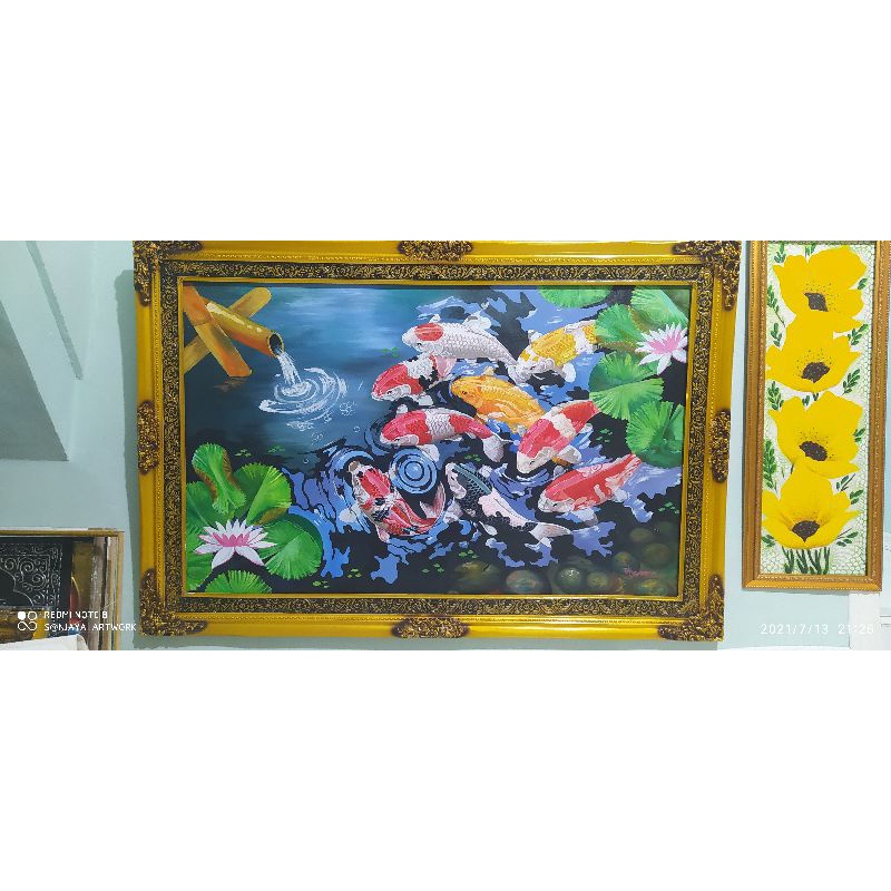 lukisan ikan koi realis asli kanvas ukuran besar 135x85 cm