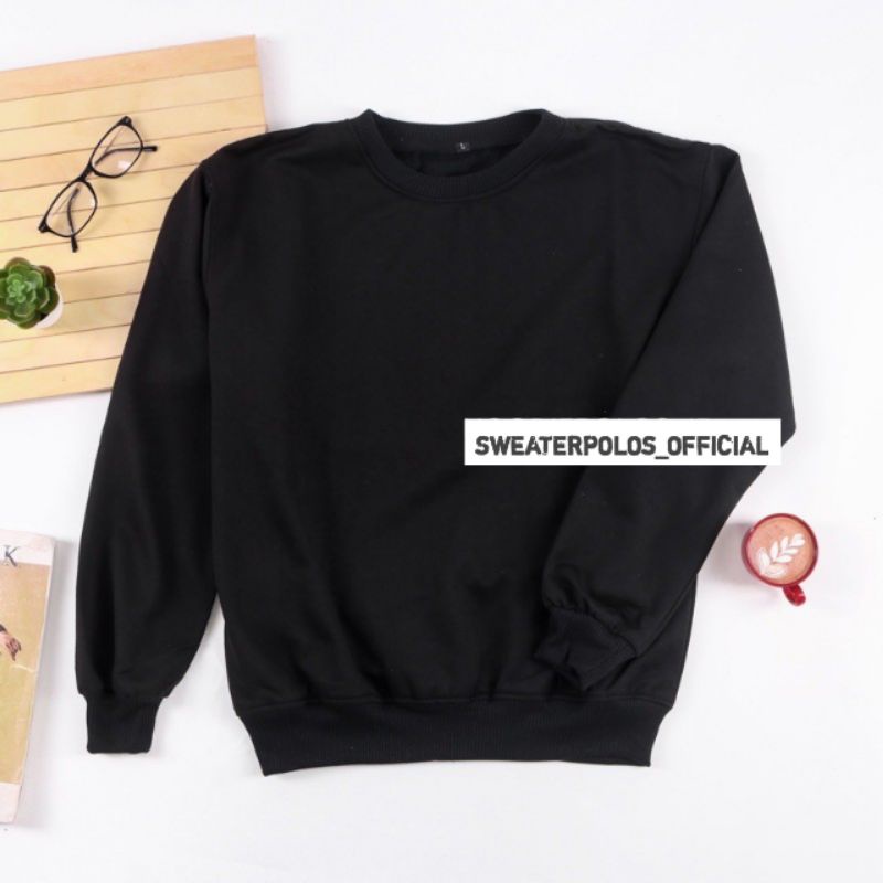 { PREMIUM QUALITY } Basic Sweater Polos Crewneck Pria Wanita / Sweater Crewneck Pria /  Outwear / Sweatshirt / COD / Fleece-CN HITAM