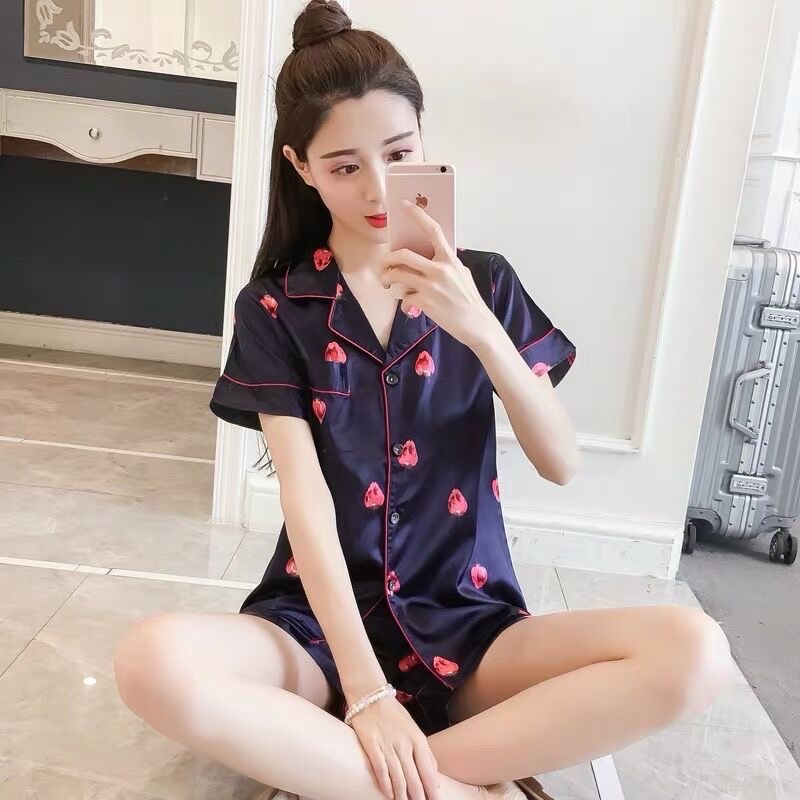 Piyama satin import / baju tidur wanita / piyama ice silk sutera-Berry navy