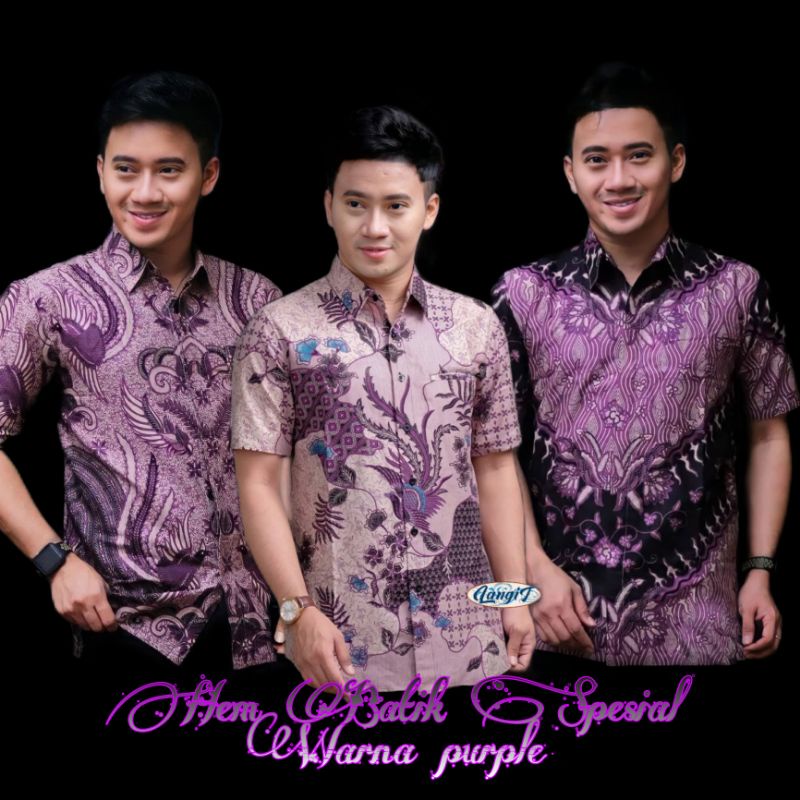 (BISA COD) Kemeja Batik Pria Lengan Pendek Hem Batik Pria Modern Lengan Pendek Terlaris Spesial Warna Purple