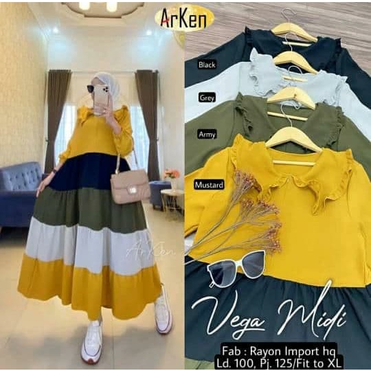 Gamis Vega Midi - Gamis Terbaru Rayon Premium Dress Wanita Pelangi Lengan Karet Maxi Dress Kekinian LD 110 cm