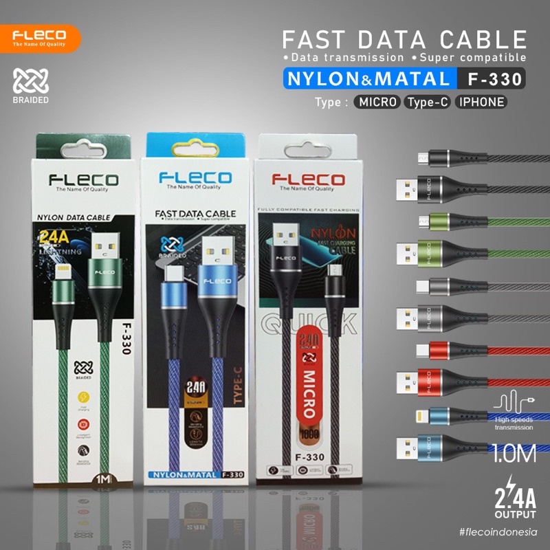 PROMO KABEL DATA FLECO F330 MICRO TYPE C SUPPOR FAST CHARGING 2.4A NYLON METAL PREMIUM