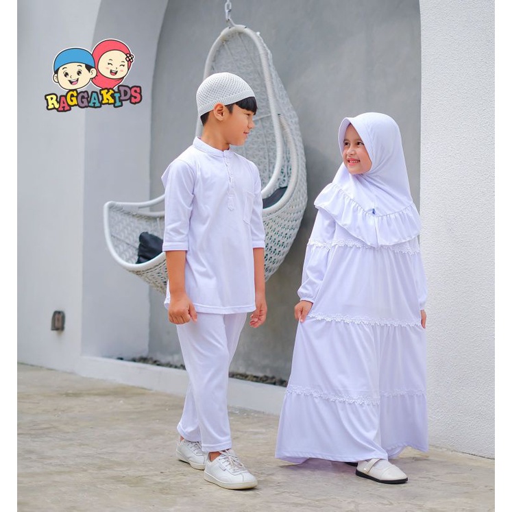 Pakaian Gamis Koko Anak Remaja Seragam Manasik Haji Ihram Sarimbit Putih Couple Terbaru Muslim Syar'i bahan kaos Anak RG 52 untuk 2-12 tahun