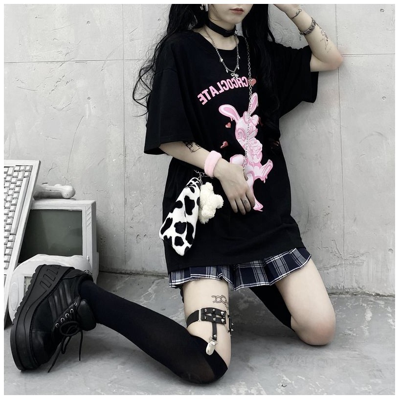 KBS-91 kaos full print kelinci rabbit black and pink oversize t-shirt import korea jepang