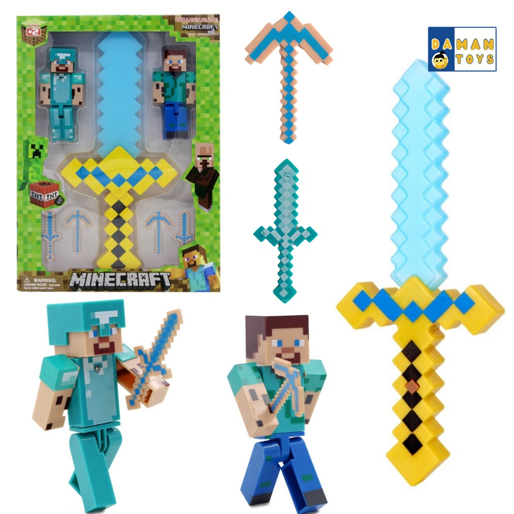 Pedang Minecraft  Minecraf Minicraft Mine Craft Figure Steve Sword Kampak  Pickaxe Sekop Shovel Dungeon Mainan Pedang  Lampu