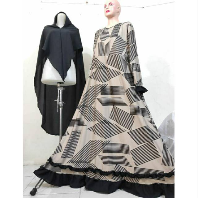 Gamis Set Khimar Rempel Renda - Motif garis miring