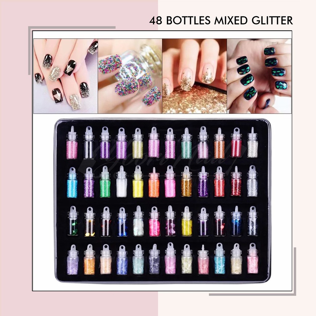 48 Bottles mixed glitter caviar deco nail art 48pcs mini bottle hiasan kuku