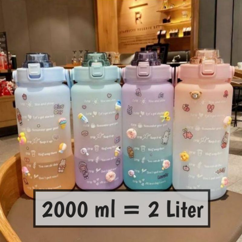 Makassar V156 Botol air minum motivasi 2 liter botol viral jumbo pengingat waktu minum gratis sticker unik lucu-2000 ml