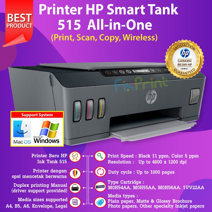 1TJ09A Printer HP Smart Tank 515 Print Scan Copy WiFi Wireless Tinta GT53 GT2