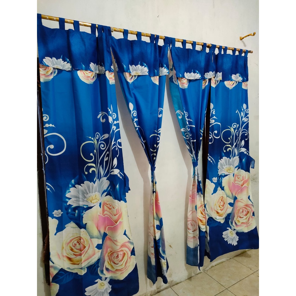 Gorden Pintu Tali Motif Bunga Blue Rose | Hordeng Pintu & Jendela | Katun Tebal | Bisa COD