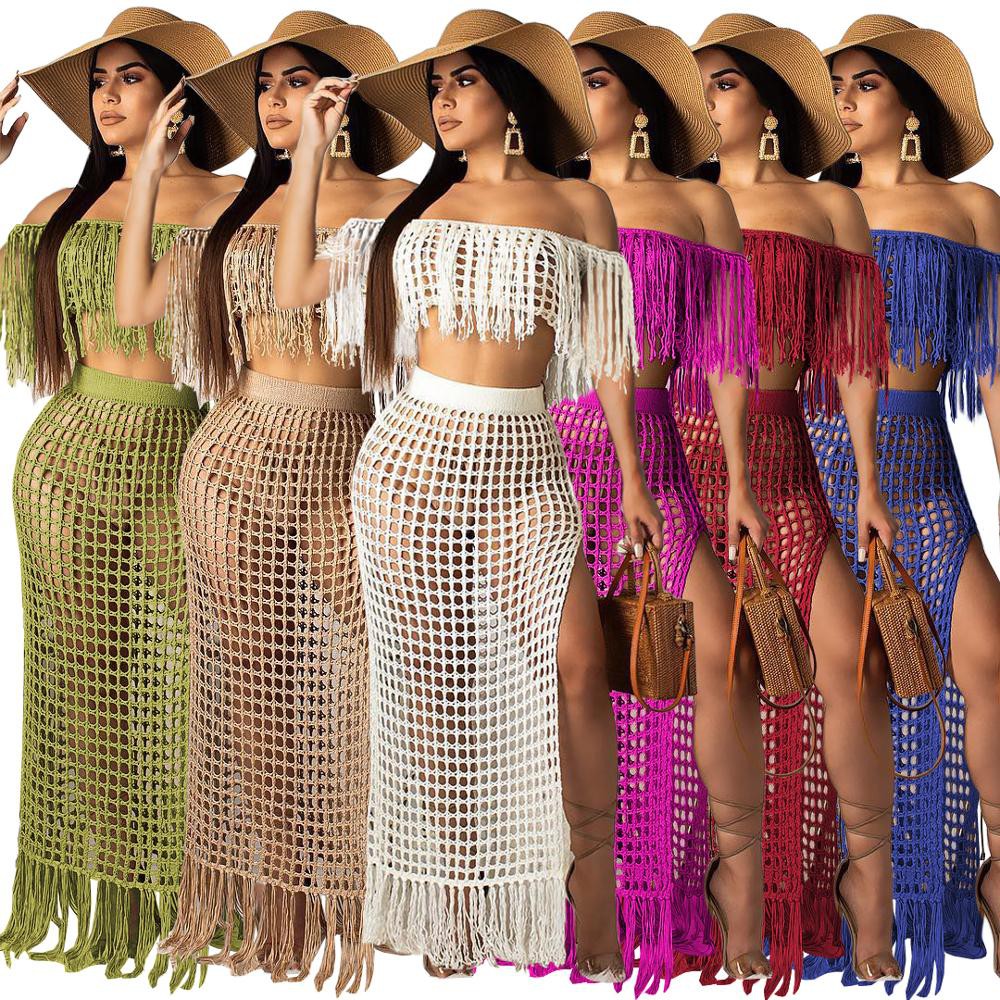Sexy Knitted Cover Ups Beach Women Skirt Set Crocheted Beachwear Slit Skirt Suit Knit