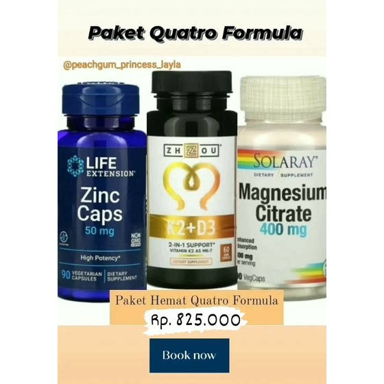 Paket Quatro Formula Zhou Vitamin K2 D3 5000IU 60caps, Solaray Magnesium 400mg & Zinc 50mg 90 caps