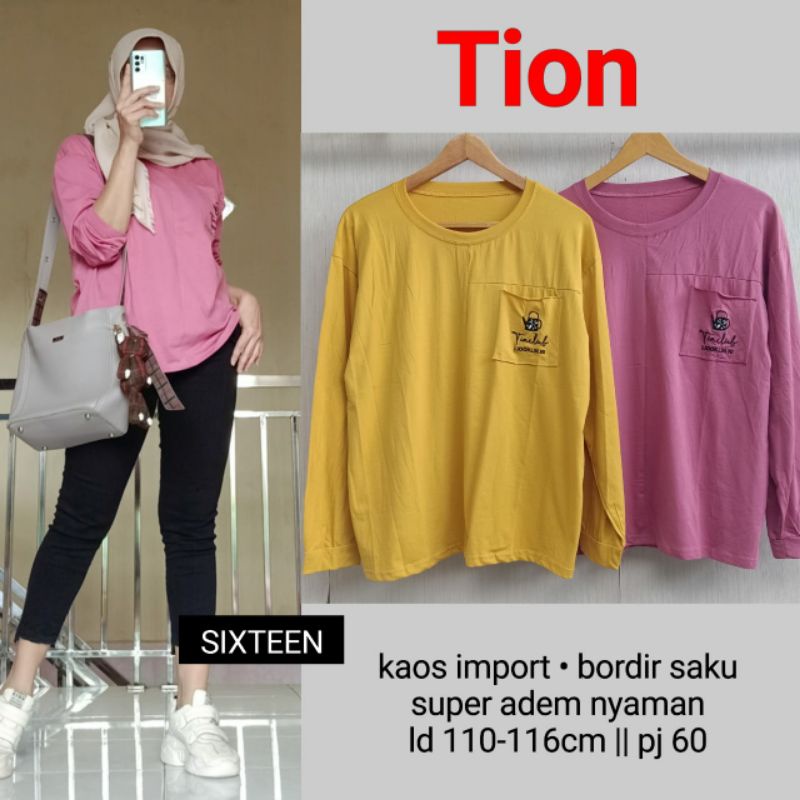 TION BLOUSE//ATASAN KAOS WANITA IMPORT SUPER ADEM AKSEN BORDIR SAKU BY SIXTEEN