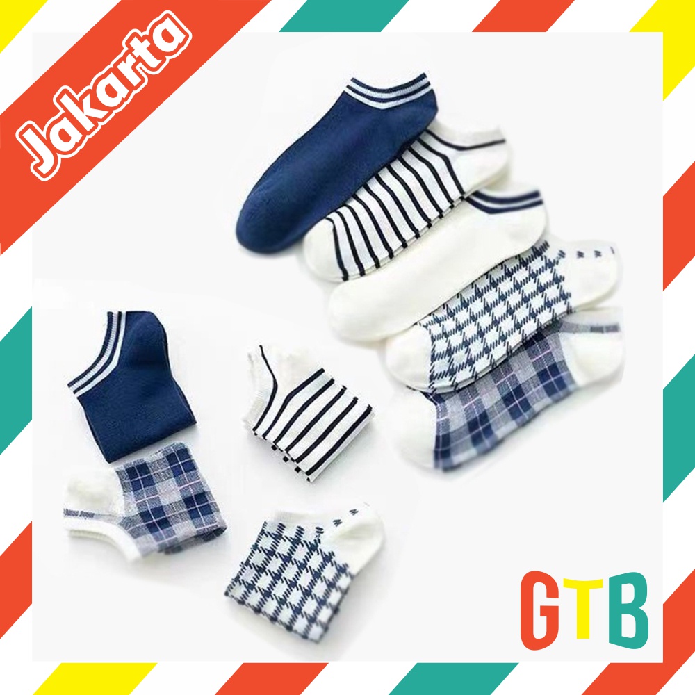 ❤GTB❤ Kaos Kaki Wanita Motif Kotak Biru Navy Fashion Korea Women Sock Import Murah KK003