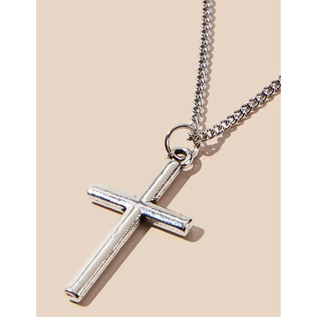 LRC Kalung Fashion Silver Cross Round Bead Chain Double Necklace K25136