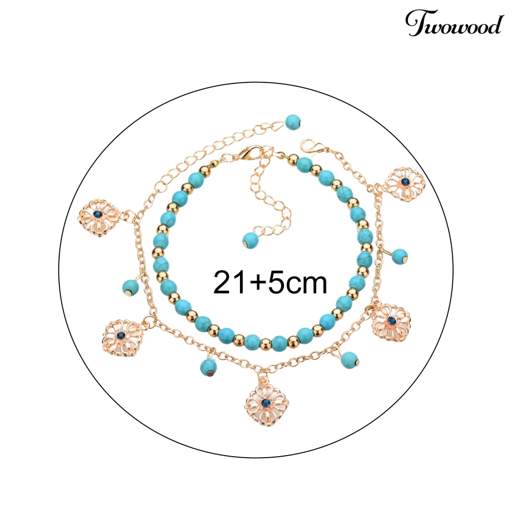 Twowood 2Pcs/Set Ankle Bracelet Faux Crystal Adjustable Alloy Bohemian Faux Turquoise Bead Beach Anklet for Beach