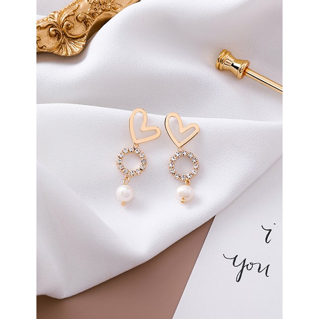 LRC Anting Tusuk Fashion Love Ring 925 Silver Needle Love Ring Pearl Stud Earrings F48310