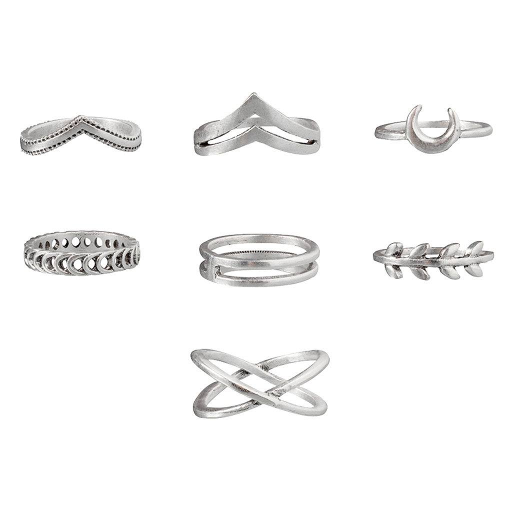 Huluboy 7pcs / Set Cincin Bentuk Salib / Bulan / Daun Bahan Alloy Electroplate Untuk Wanita