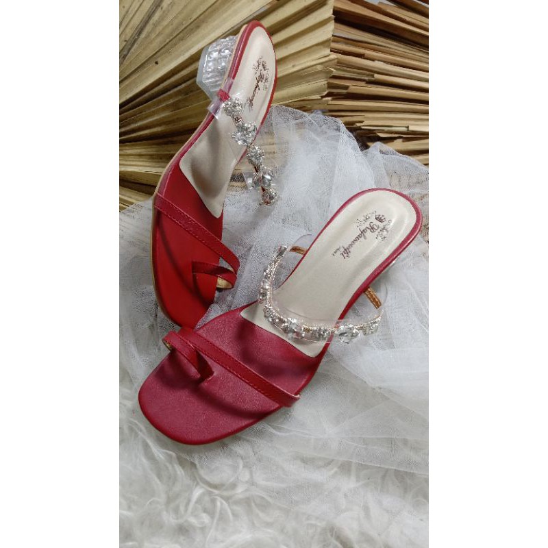 sandal putri merah maroon sandal wanita kaca hak tahu