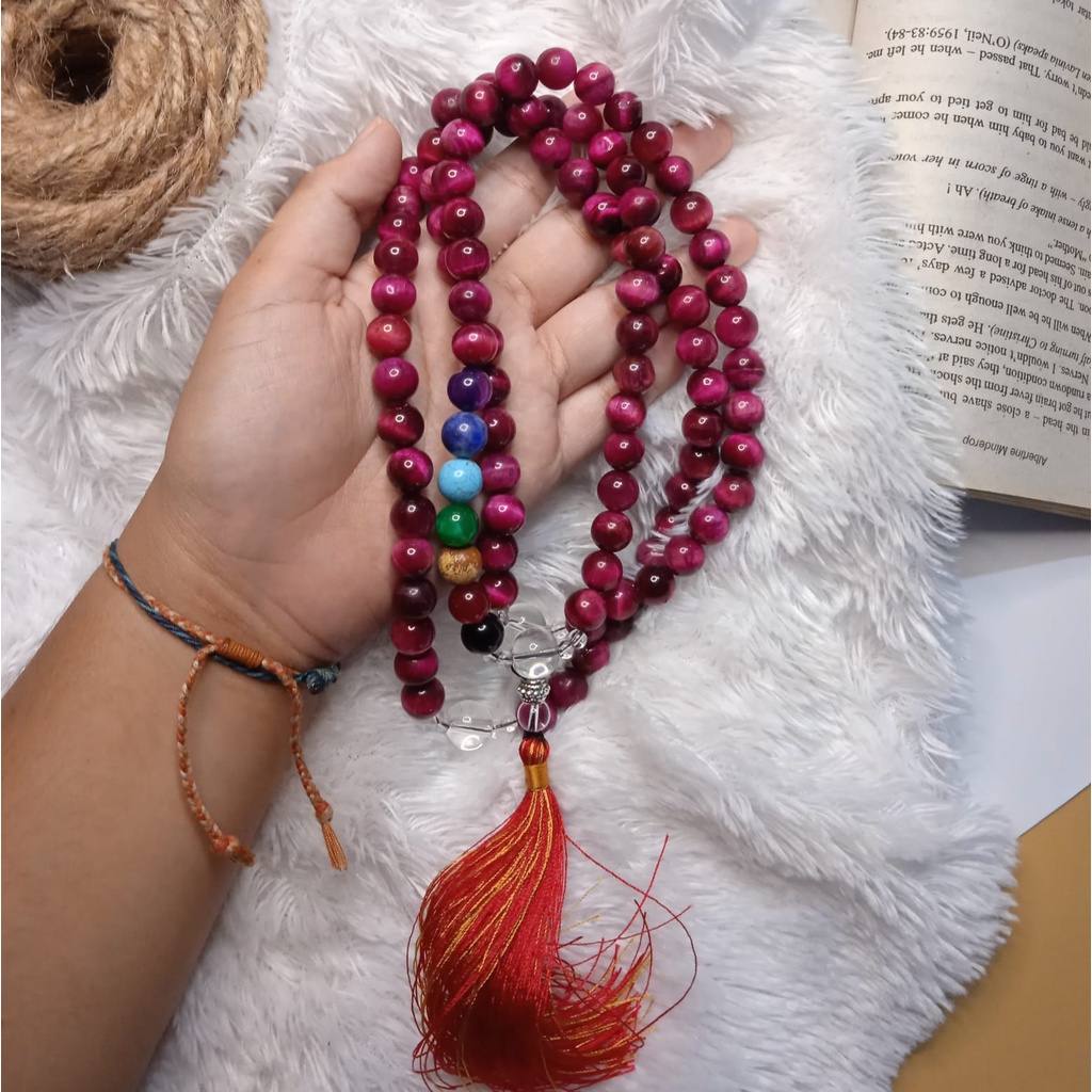 Kalung Tasbih 99 Batu Pink Tiger Eye Kombinasi 7 Chakra