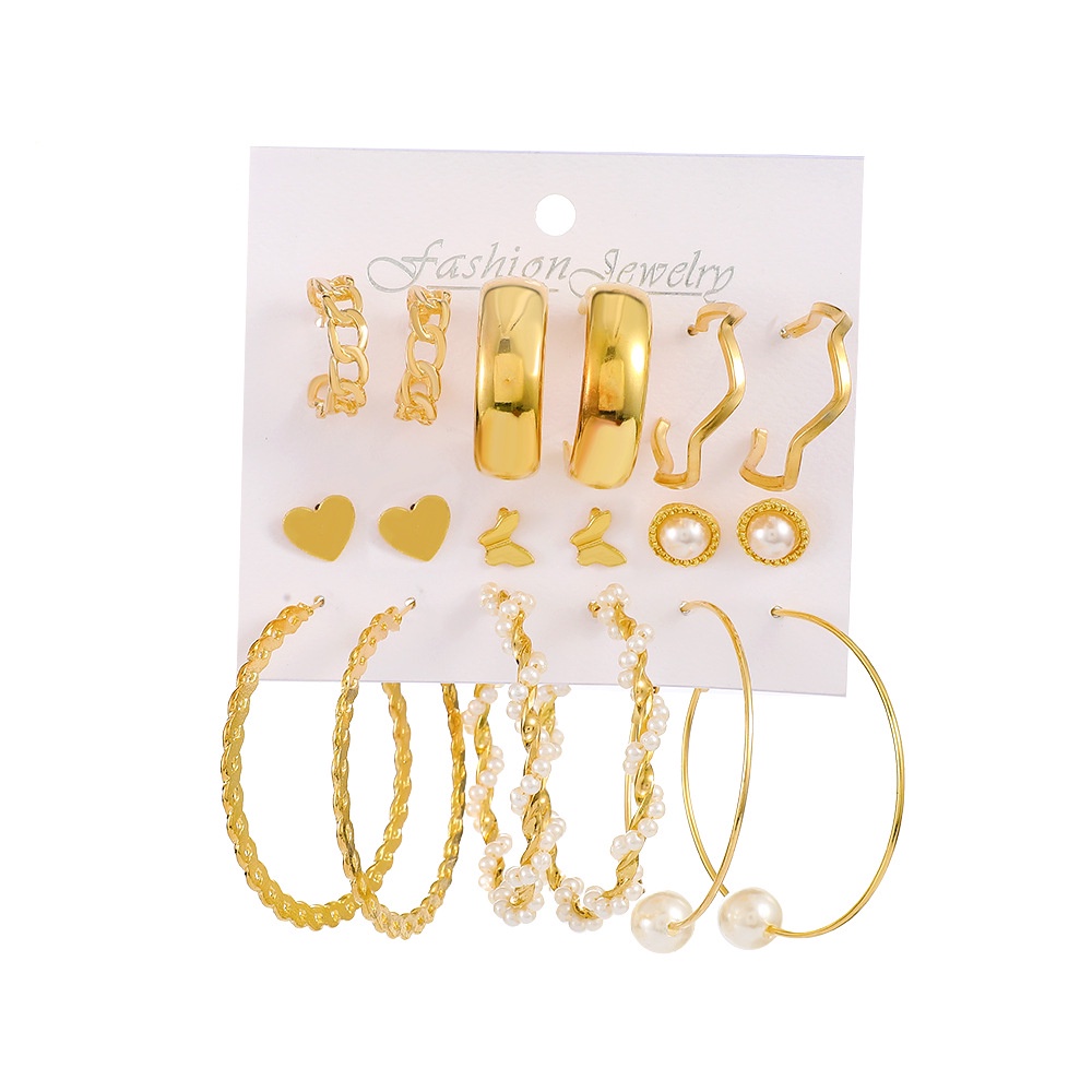 9 Pcs / set Anting Mutiara Imitasi Bentuk Geometris Bahan alloy Gaya retro Eropa Amerika