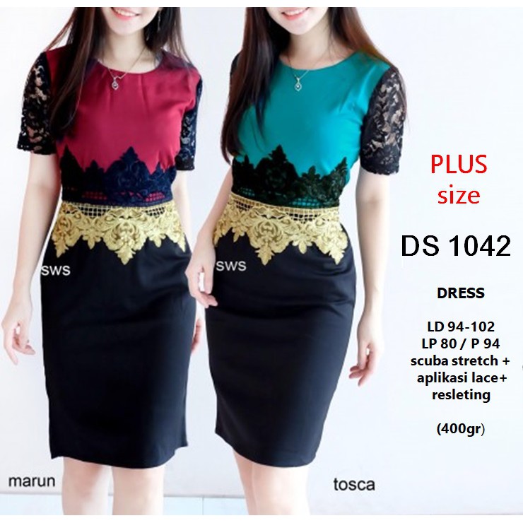 DS1042 - DRESS PESTA DRESS LACE MIDI DRESS SCUBA BRUKAT IMPORT BIGSIZE