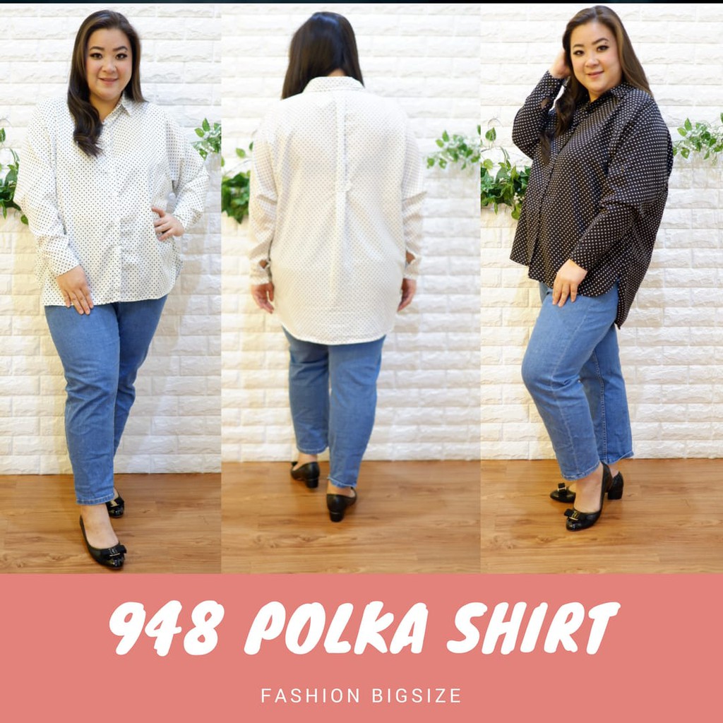 BIGCLO Kemeja Polka Shirt Big Size Wanita Baju Atasan BIGCLO Kemeja Polka Shirt Big Size Wanita Baju Atasan