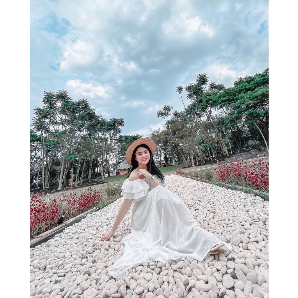 READY STOCK SAF - WHITE chiffon sabrina midi dress woman premium / fairy dress / korean summer dress