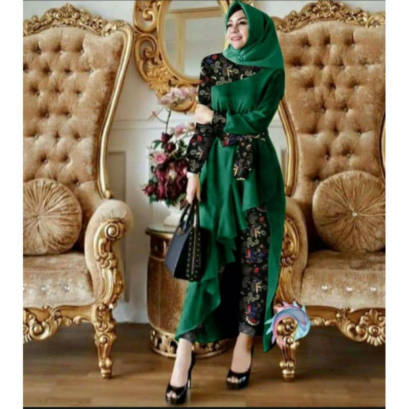 set bellaluna batik merlion busana muslim setelan baju wanita tunik batik celana panjang batik