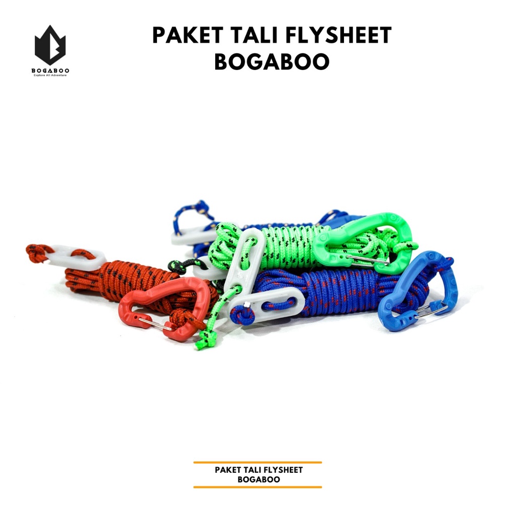 Paket tali flysheet BOGABOO - karabiner abs - guyline glow in the dark - tali perusik 3 MM  - paket tali tenda - paket tali tiang flysheet - bivak set bogaboo