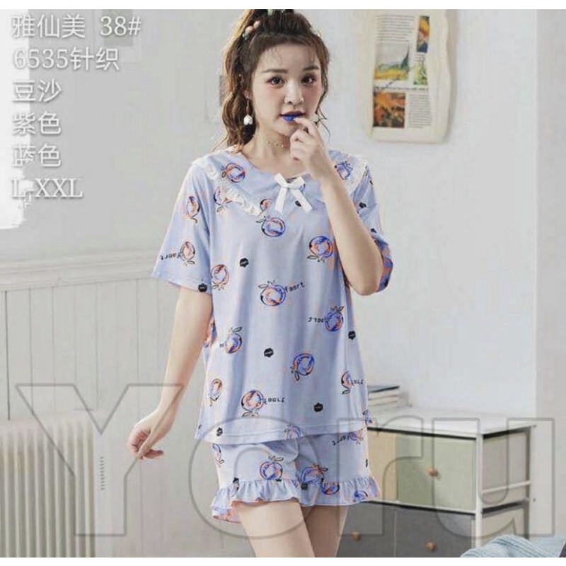 BAJU TIDUR COTTON IMPORT SET HOTPANTS RENDA SIZE M-2XL NEW COLLECTION PIYAMA REMAJA KAOS LILAC CUTE