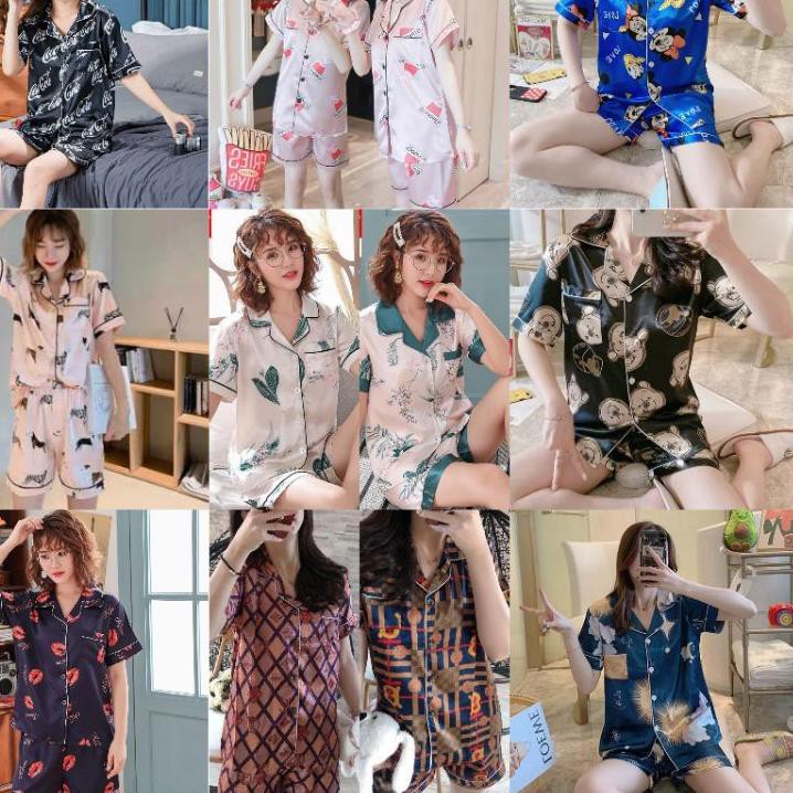 ✵ baju tidur satin import piyama satin motif baju tidur celana pendek pajamas satin ♣